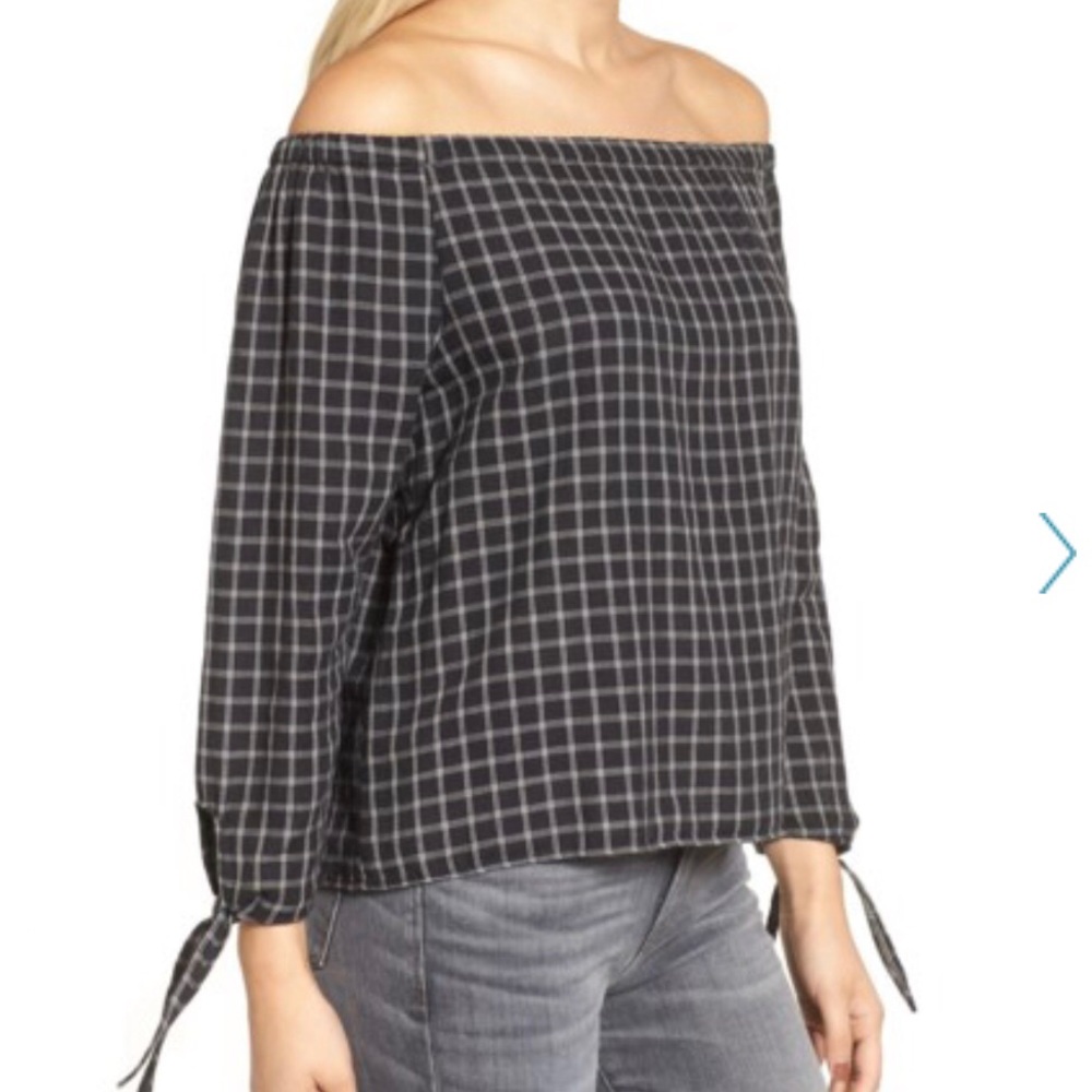 Madewell Plaid Off the Shoulder Top Black - Picture 3 of 5